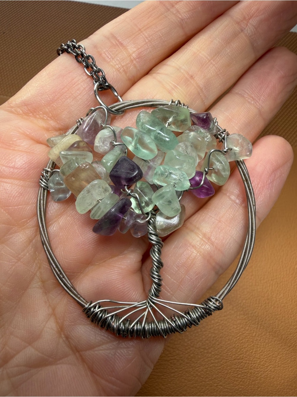 Handmade Fluorite Tree of Life Wire Wrapped Pendant Necklace